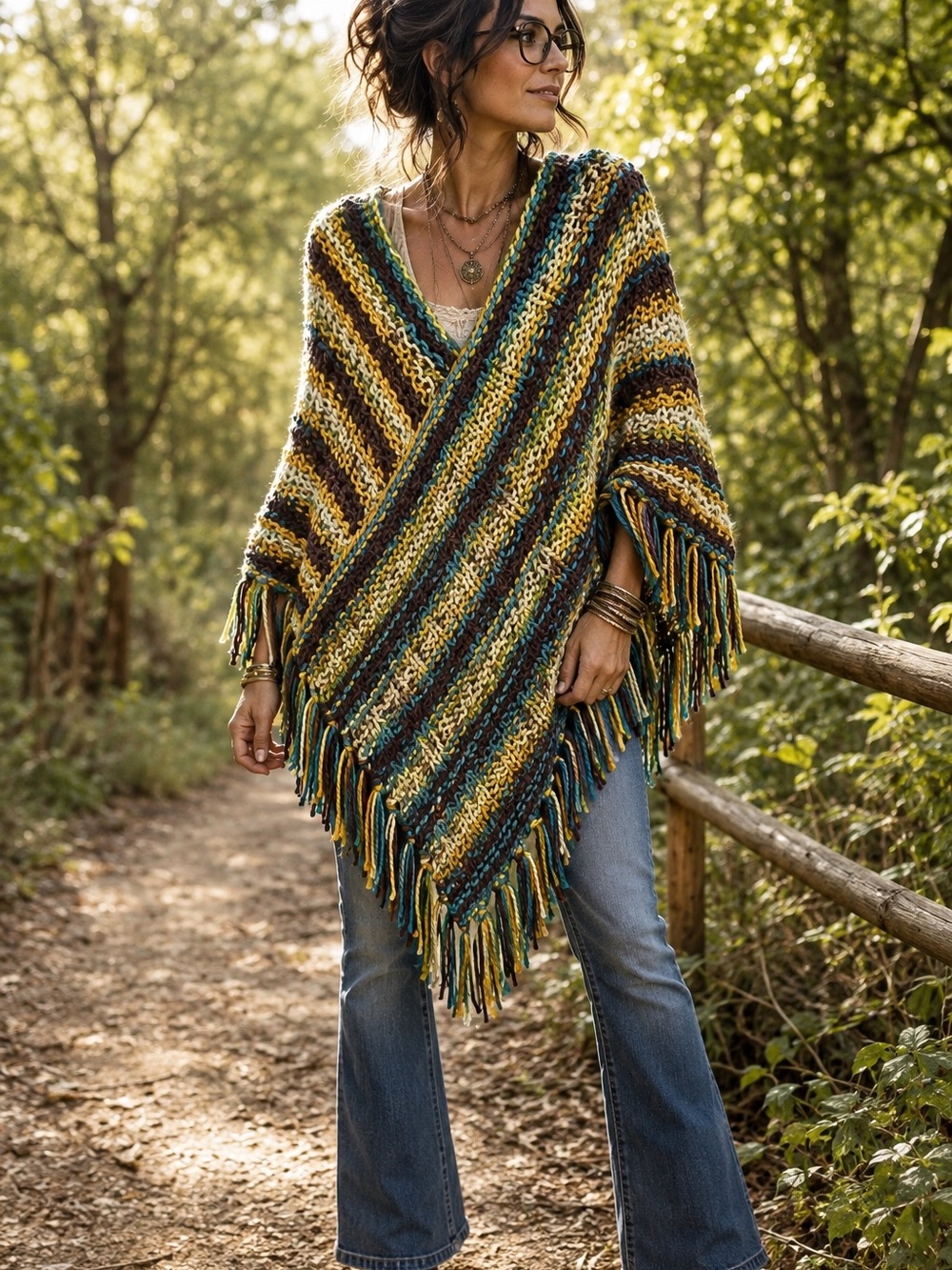 Handmade‎ Striped Fringe Poncho Wrap Shawl Boho Artisan Knit